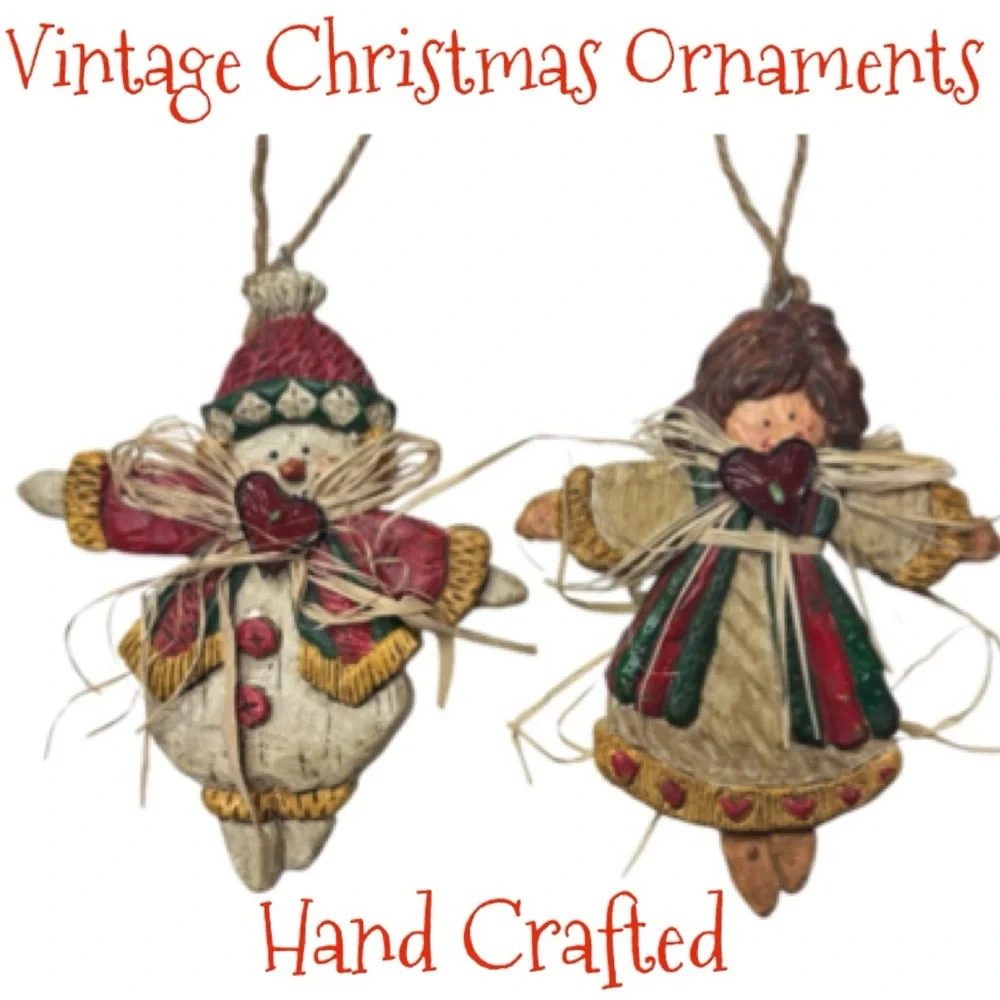 Whimsical Christmas Ornaments Hand Crafted Vintage Snowman Angel 2 Pc Set Red